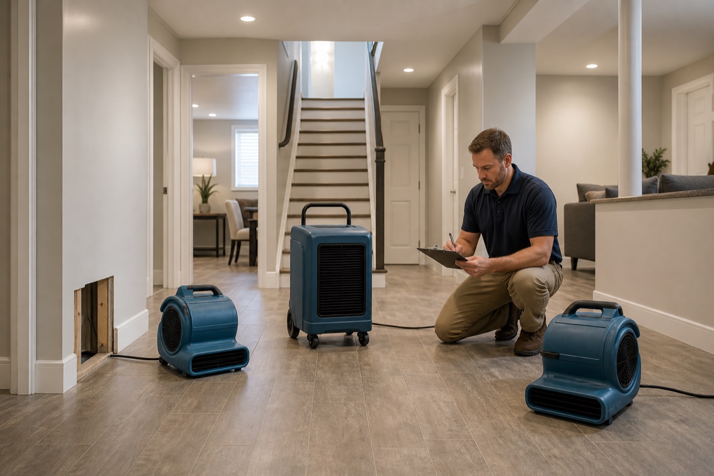 Air movers and a dehumidifier running during structural drying in a Westminster home while a technician documents readings