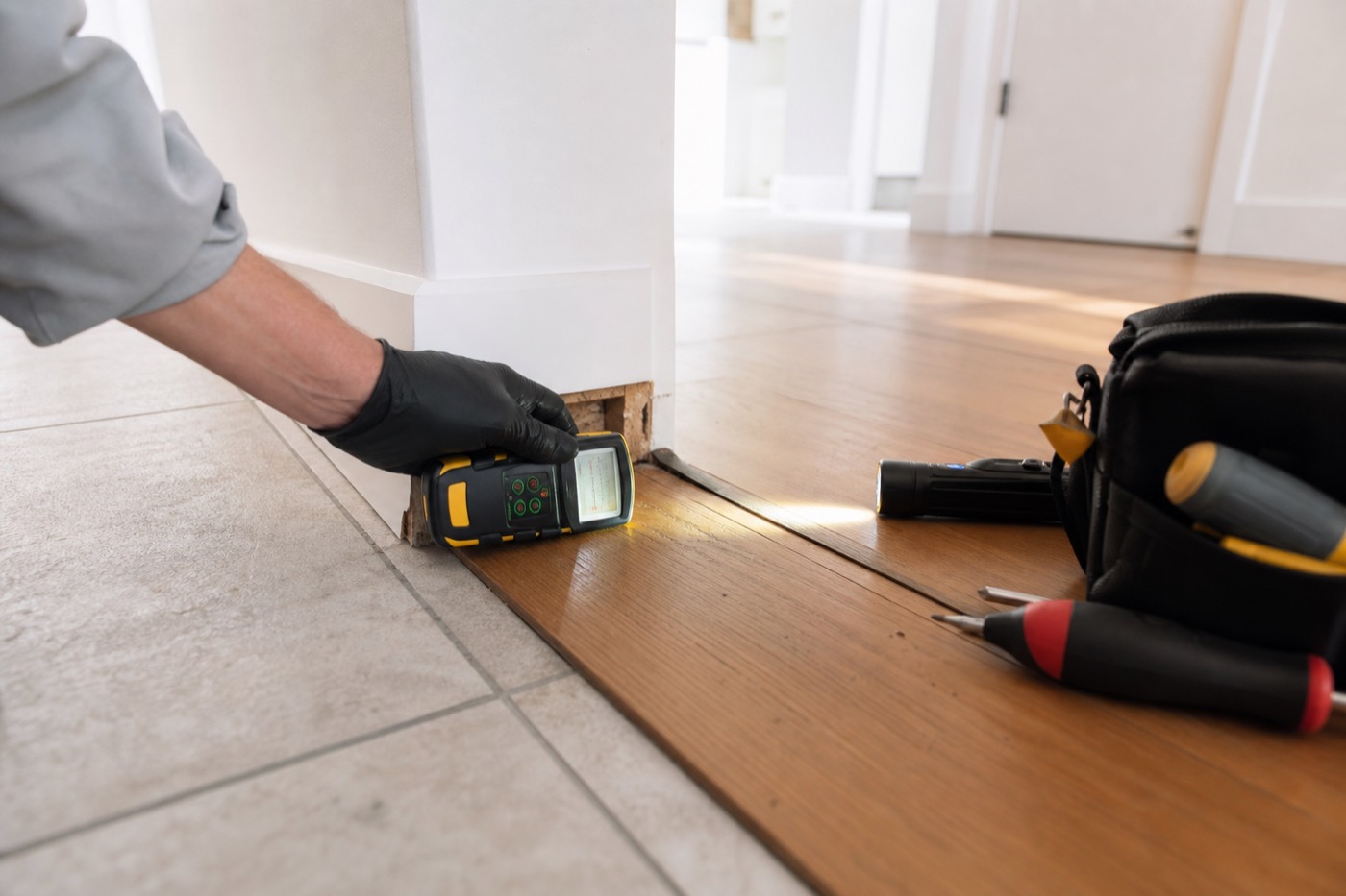 Technician taking a moisture reading at the base of a wall to document water damage in a Westminster home
