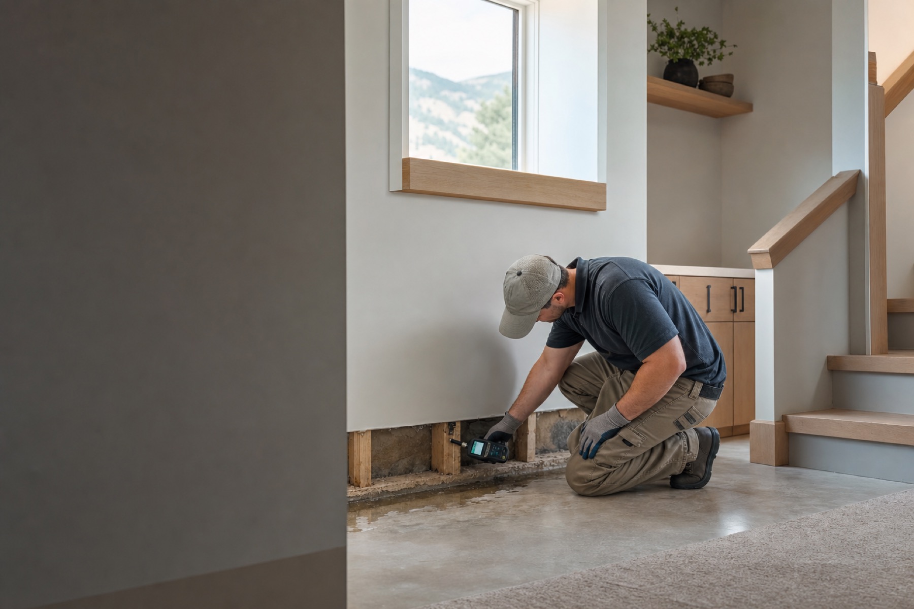 Illustrative view of a technician checking moisture after water damage